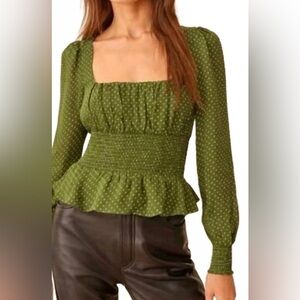 Reformation Olive Polka Dot Smocked Blouse